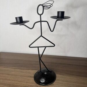 Vintage Metal‎ Wrought Iron Woman Server Waitress Double Taper Candleholder 12"